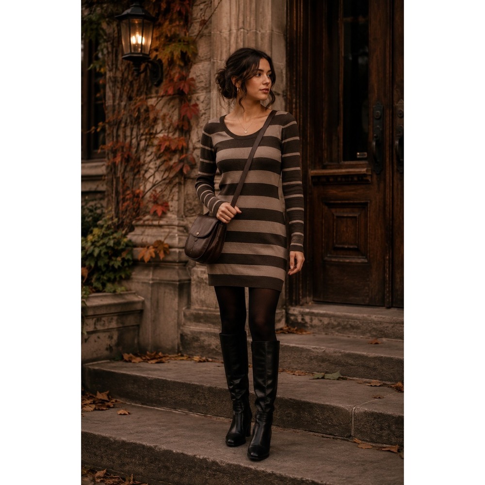Banana Republic Sweater Dress XS Brown Taupe Striped Long Sleeve Preppy